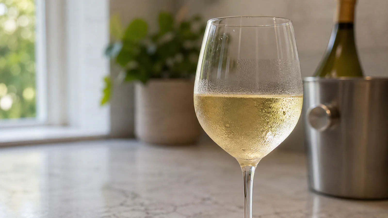 Chilled glass of white wine by a window